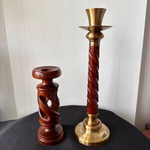 Vintage Wooden & Brass Spiral Candlestick Holders Set of 2 Carved Candle Stands